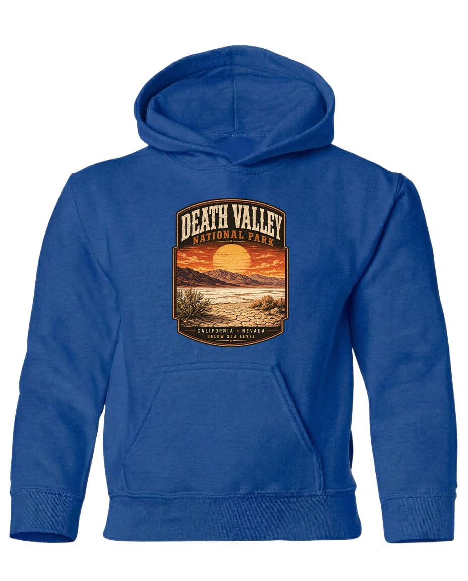 A blue hoodie with a graphic design depicting Death Valley National Park, including a sunset and desert landscape.