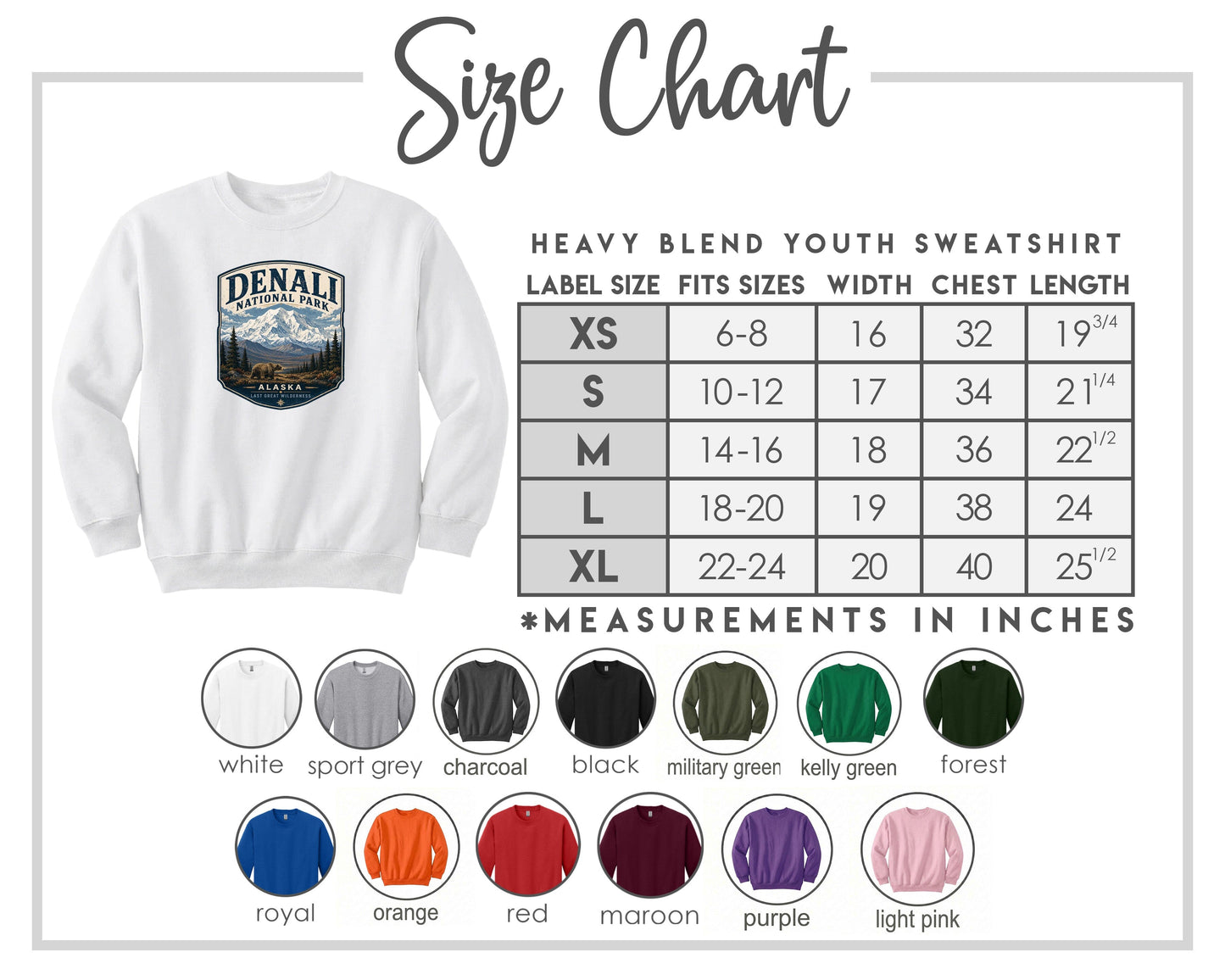 The image is a size chart for a heavy blend youth sweatshirt, including various color options and corresponding measurements in inches.