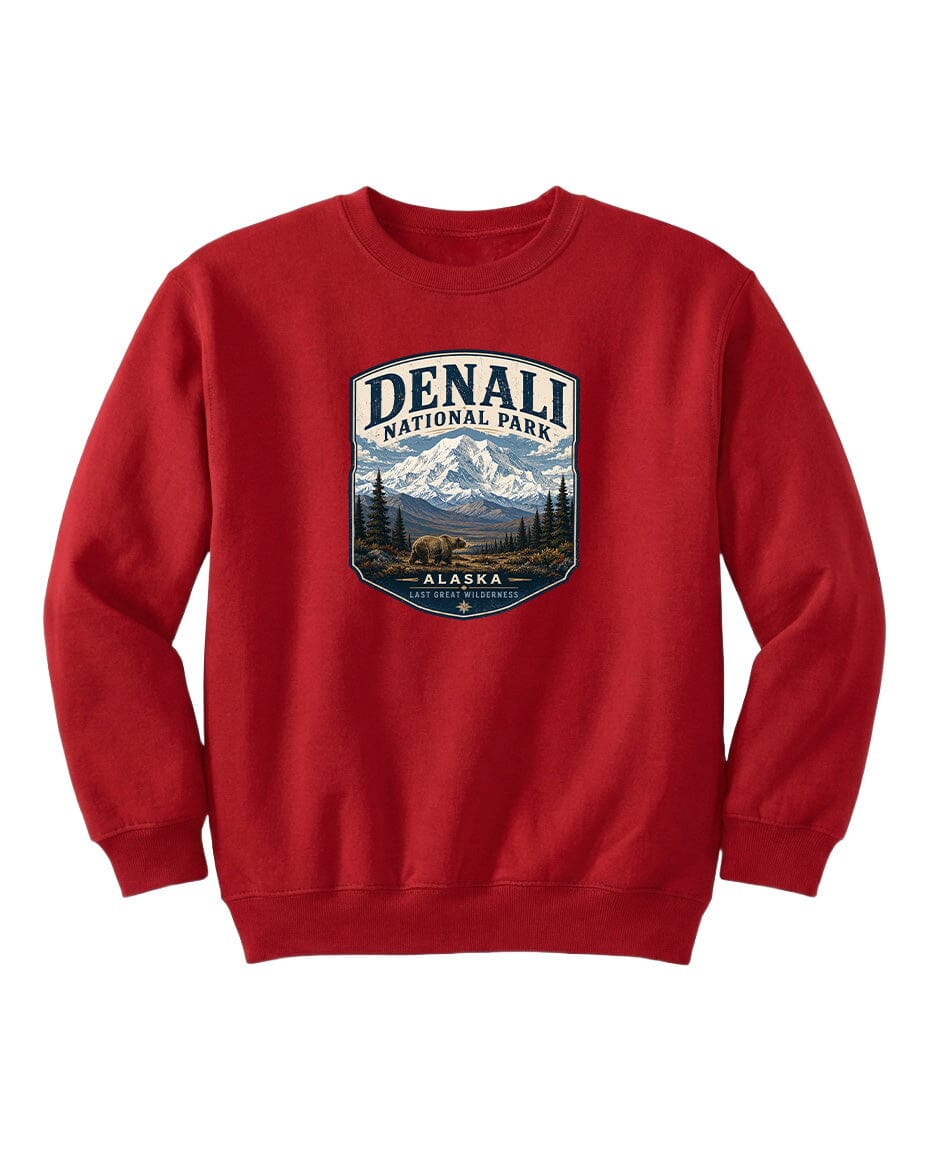 A red sweatshirt with a graphic design depicting Denali National Park and Alaska.
