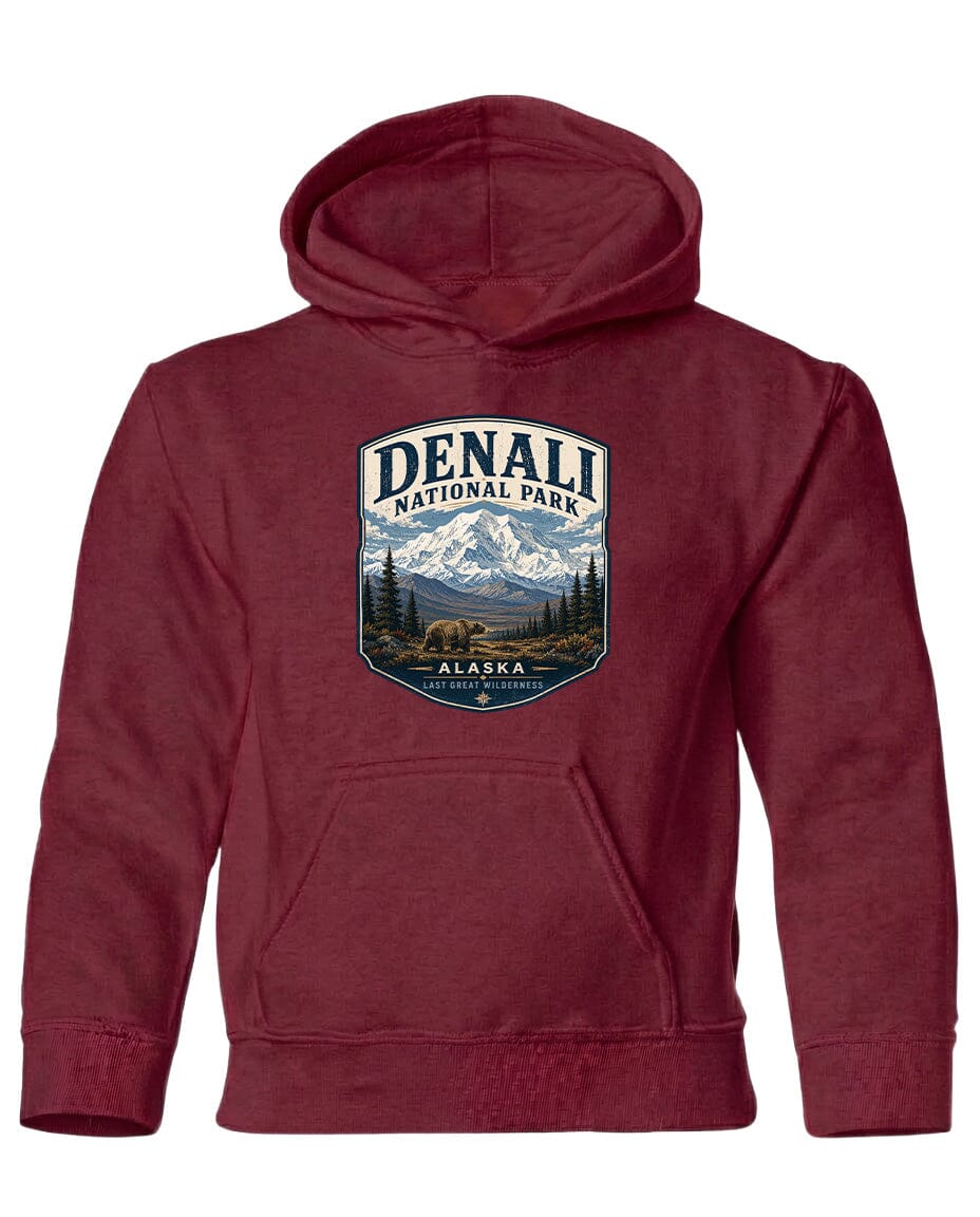 A red hooded sweatshirt with a graphic design depicting Denali National Park and Alaska.