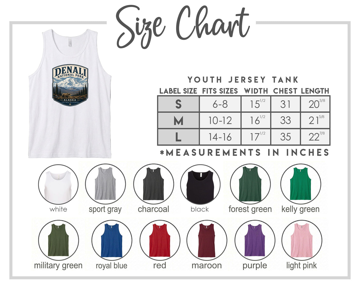 The image is a size chart for a youth jersey tank, displaying various label sizes and corresponding chest measurements.