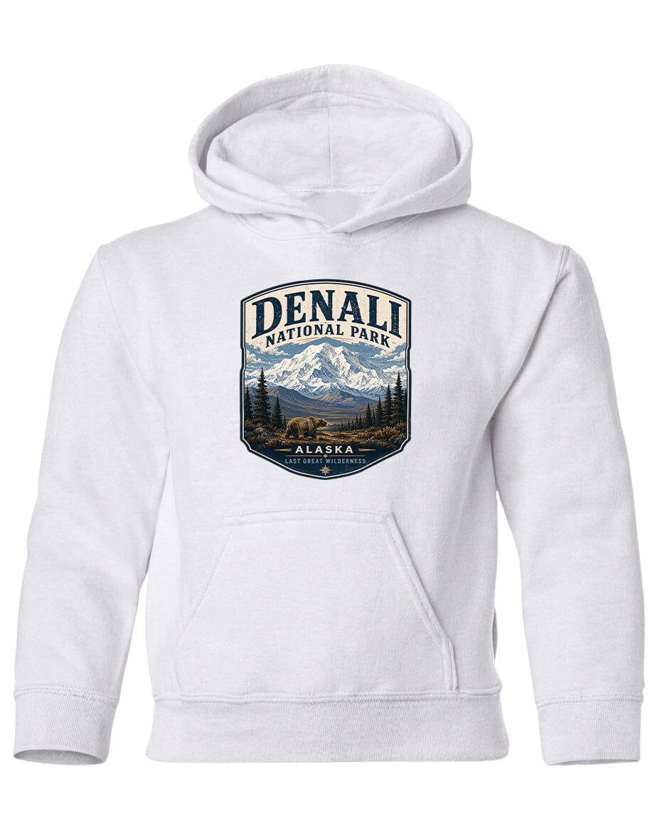 A white hoodie with a graphic design depicting the Denali National Park in Alaska.