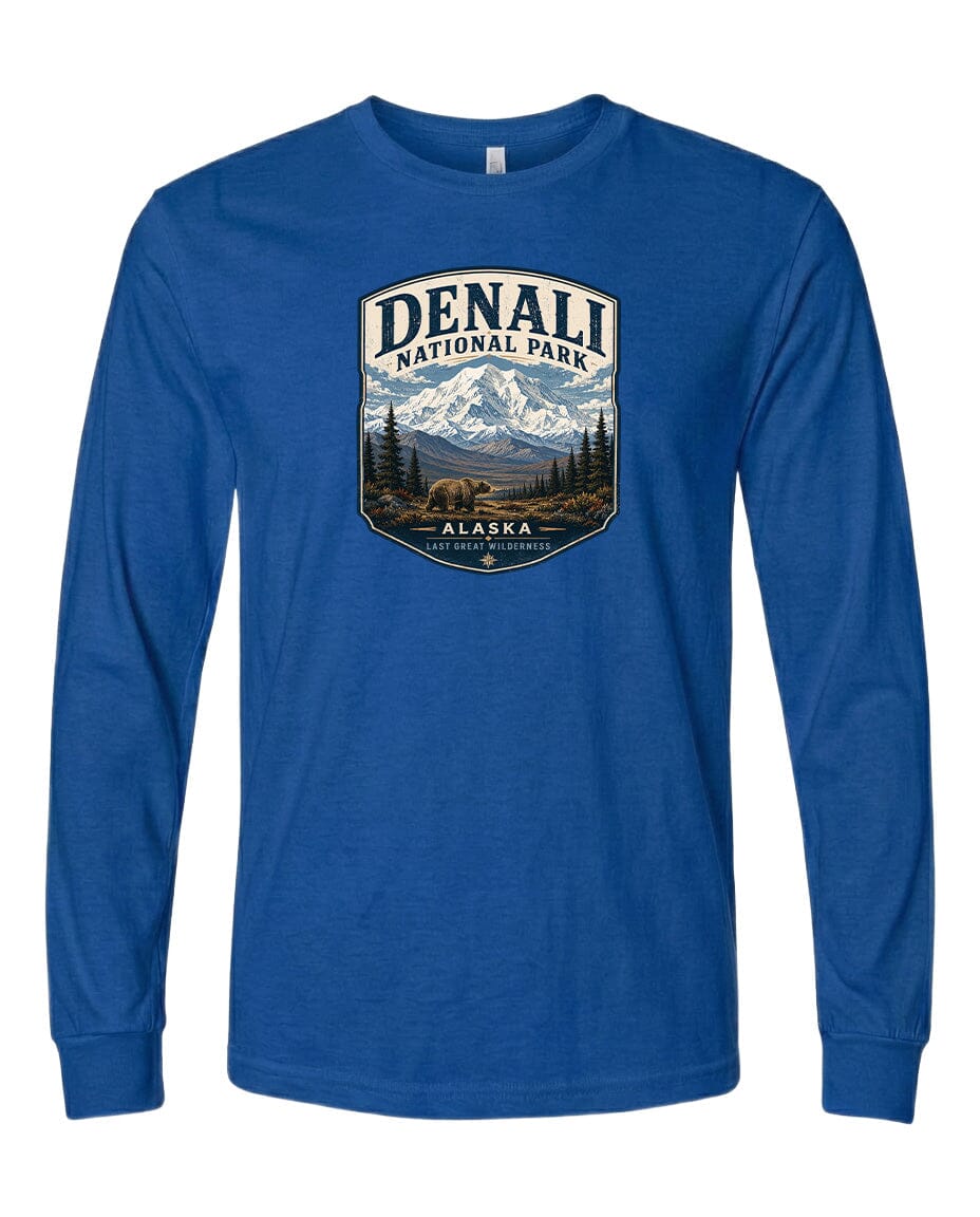 A blue long-sleeved t-shirt with a graphic design depicting Denali National Park in Alaska.