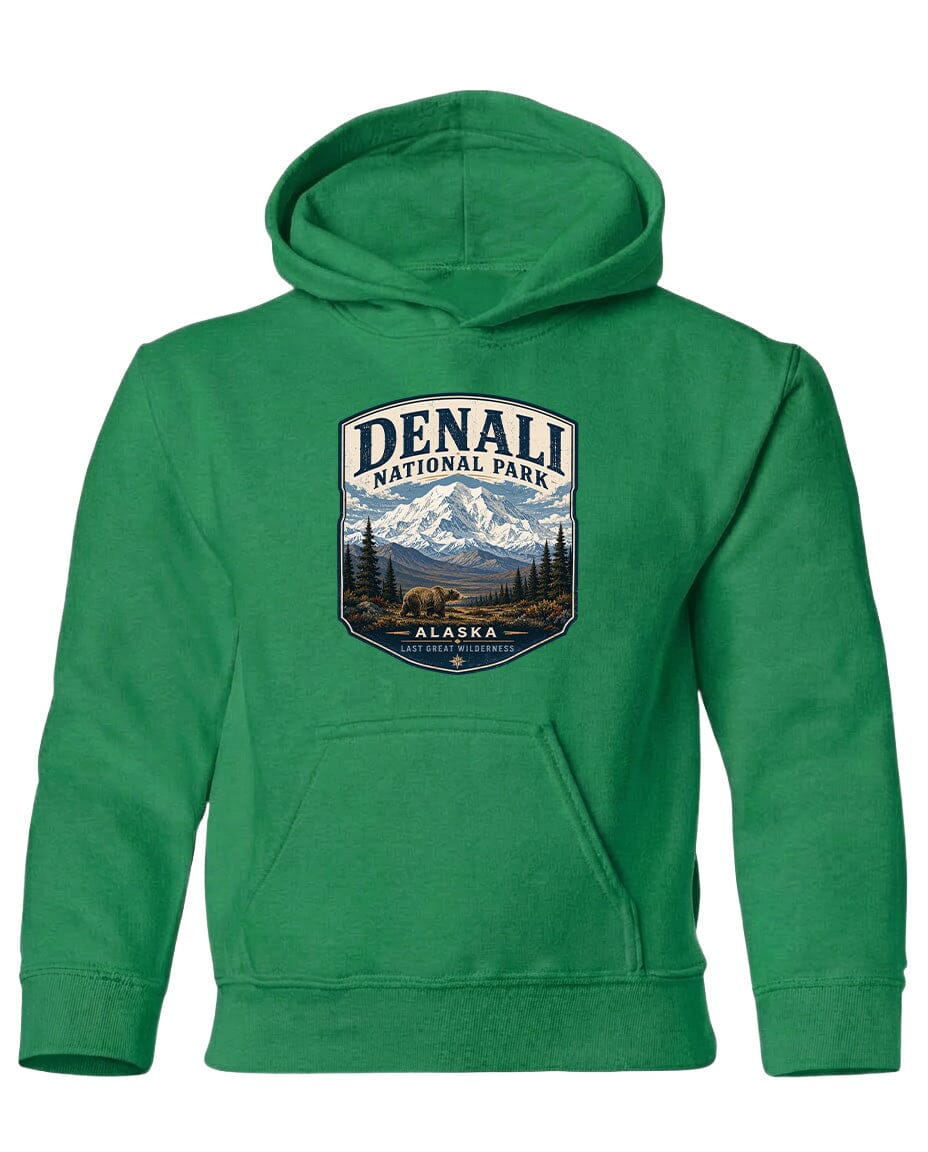 A green hoodie with a graphic design depicting Denali National Park and Alaska.