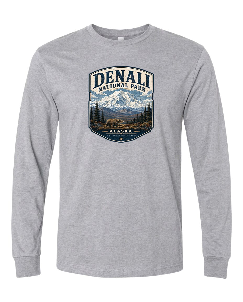 A gray long-sleeved t-shirt with a graphic design depicting Denali National Park in Alaska.