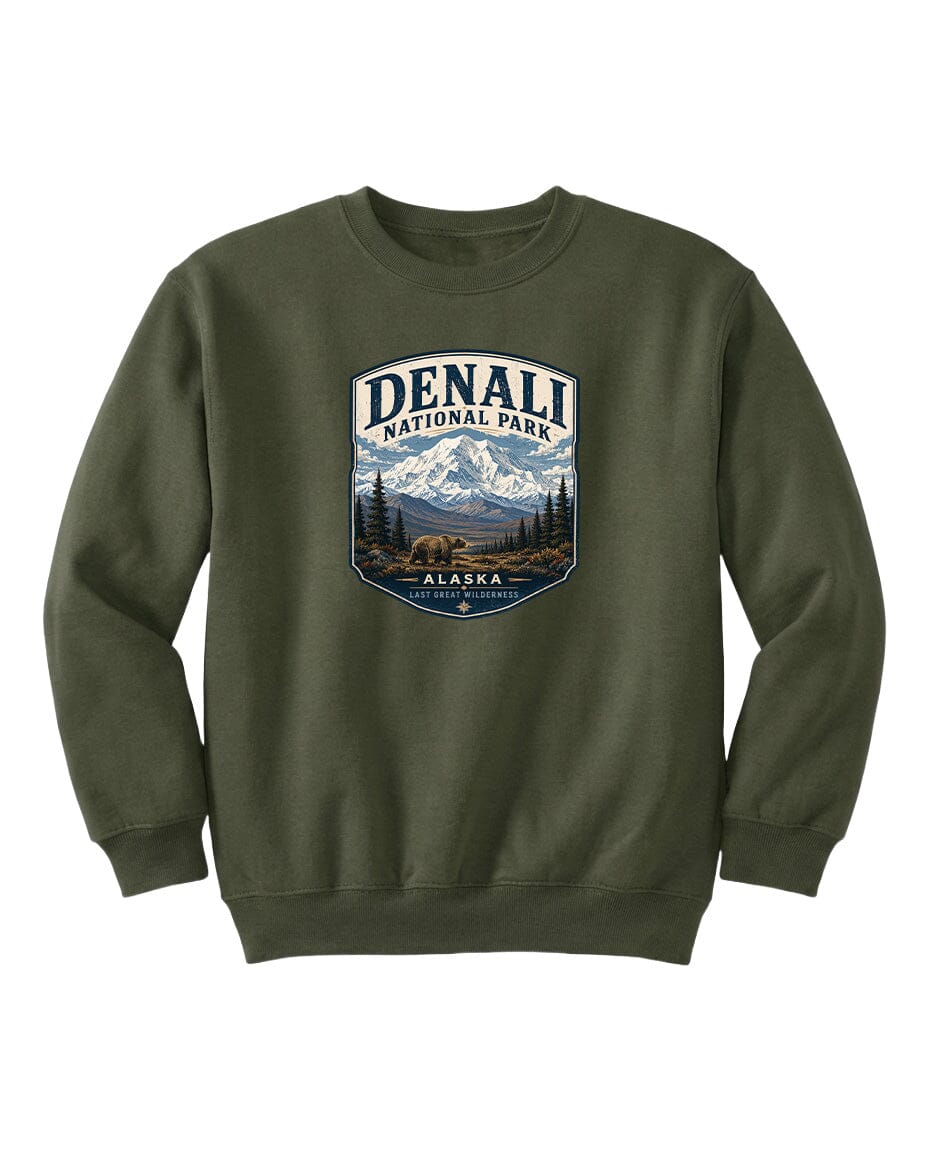 A green sweatshirt with a graphic design featuring a mountain landscape and bears, along with the text "DENALI NATIONAL PARK ALASKA".