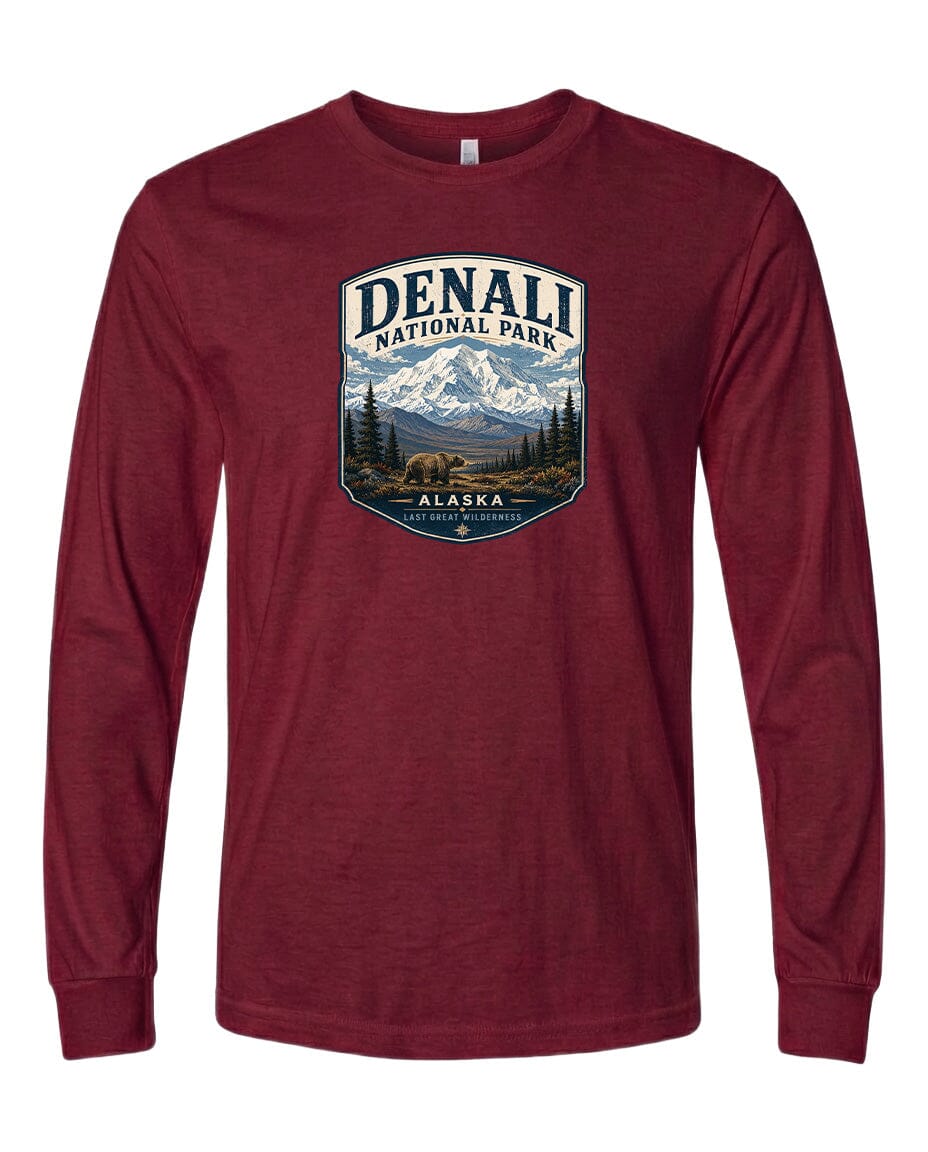 A red long-sleeved t-shirt with a graphic design depicting Denali National Park in Alaska.