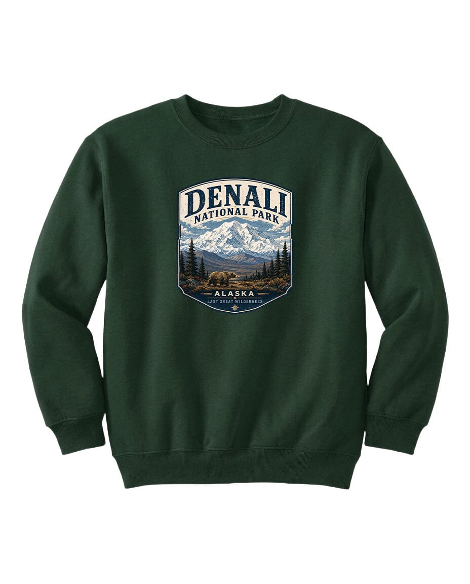 A green sweatshirt with a graphic design featuring a mountain landscape and bears, representing Denali National Park in Alaska.