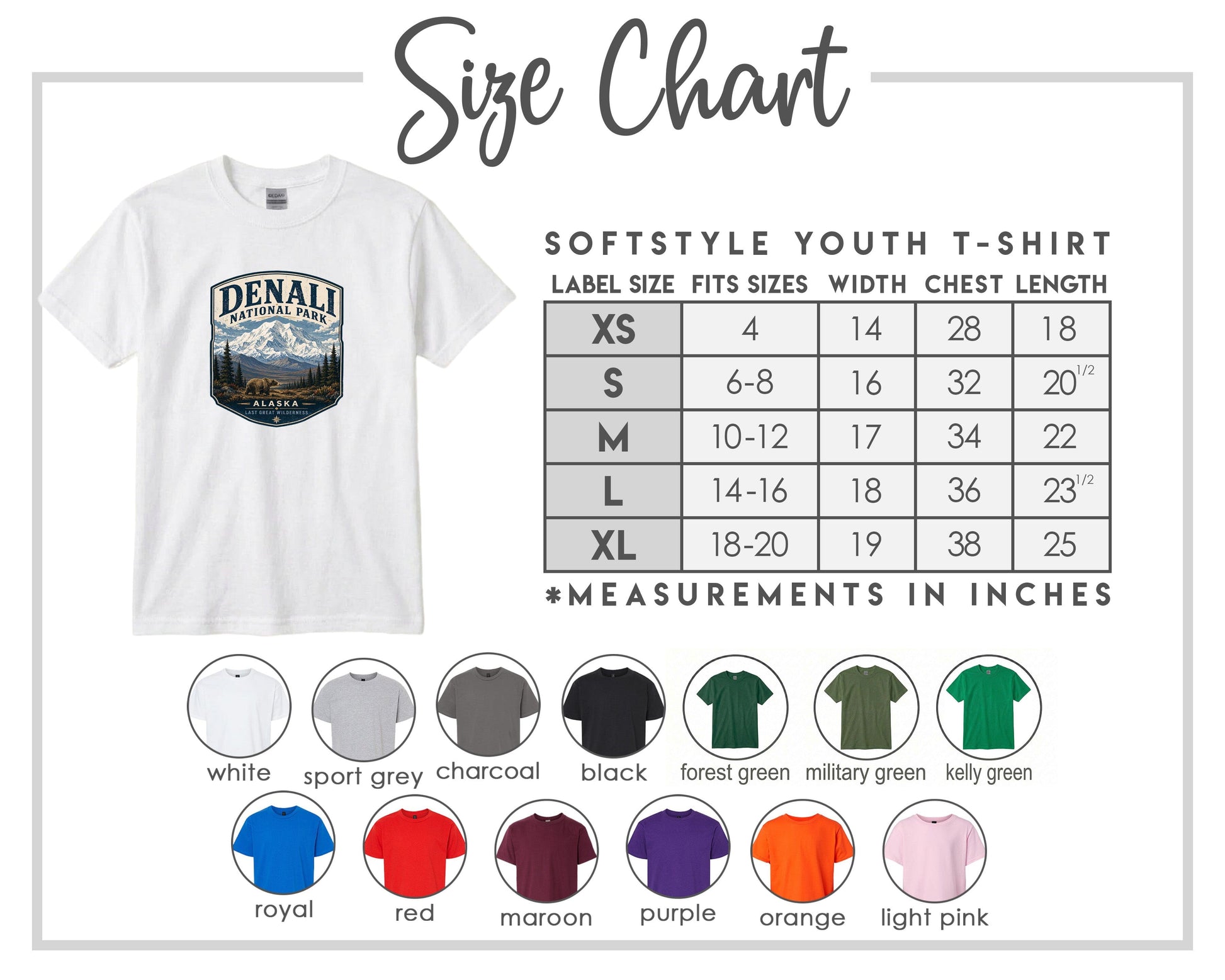 The image is a size chart for a softstyle youth t-shirt, providing measurements for different sizes and corresponding t-shirt colors.