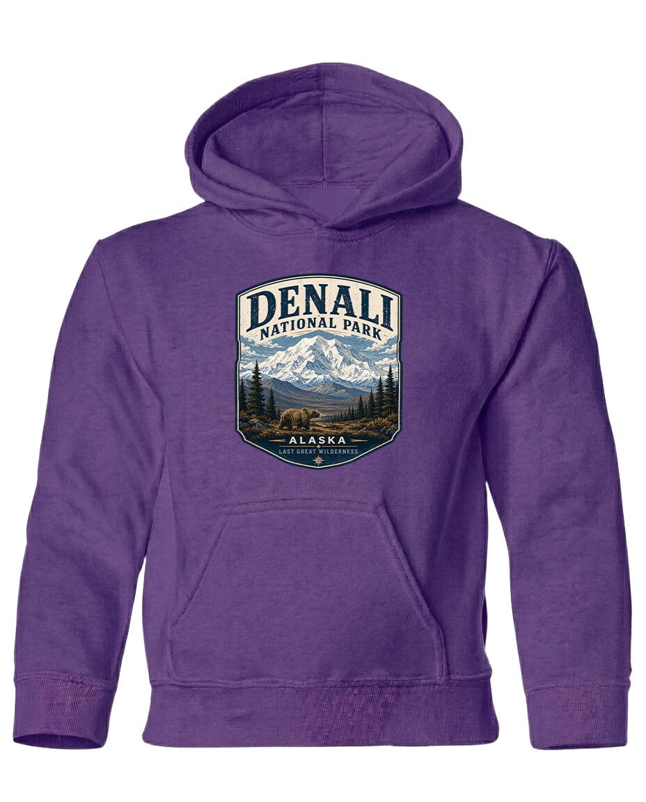 A purple hoodie with a graphic design depicting Denali National Park and Alaska.