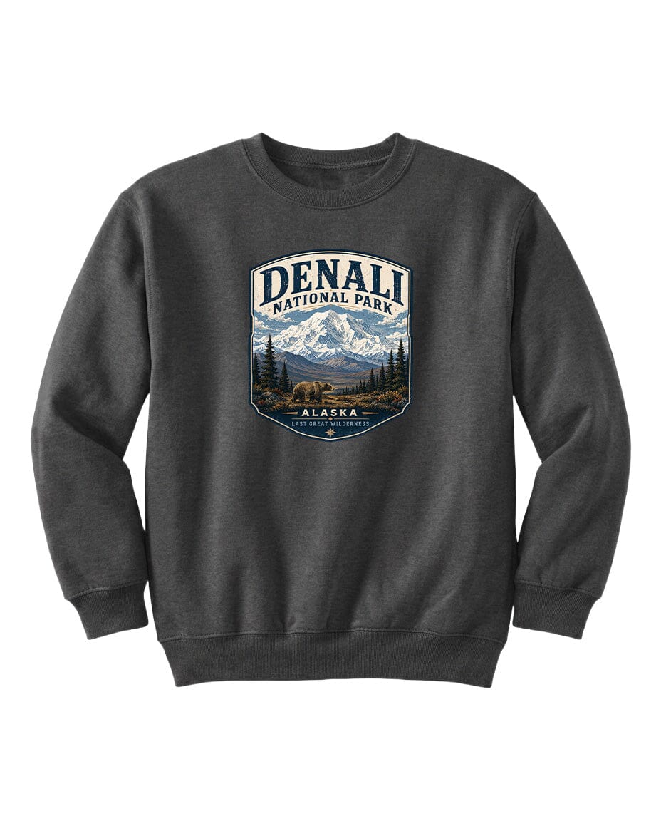 A gray sweatshirt with a graphic design featuring a mountain landscape and bears, along with the text "DENALI NATIONAL PARK ALASKA".