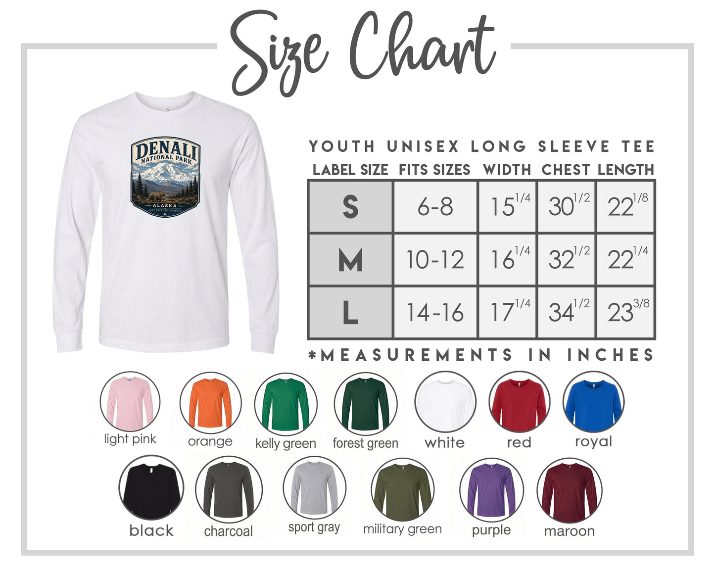 The image is a size chart for a youth unisex long sleeve tee, including various color options and corresponding measurements.