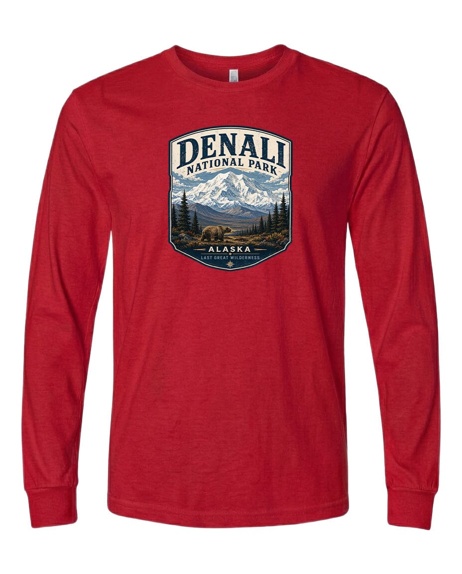 A red long-sleeved t-shirt with a graphic design depicting Denali National Park in Alaska.