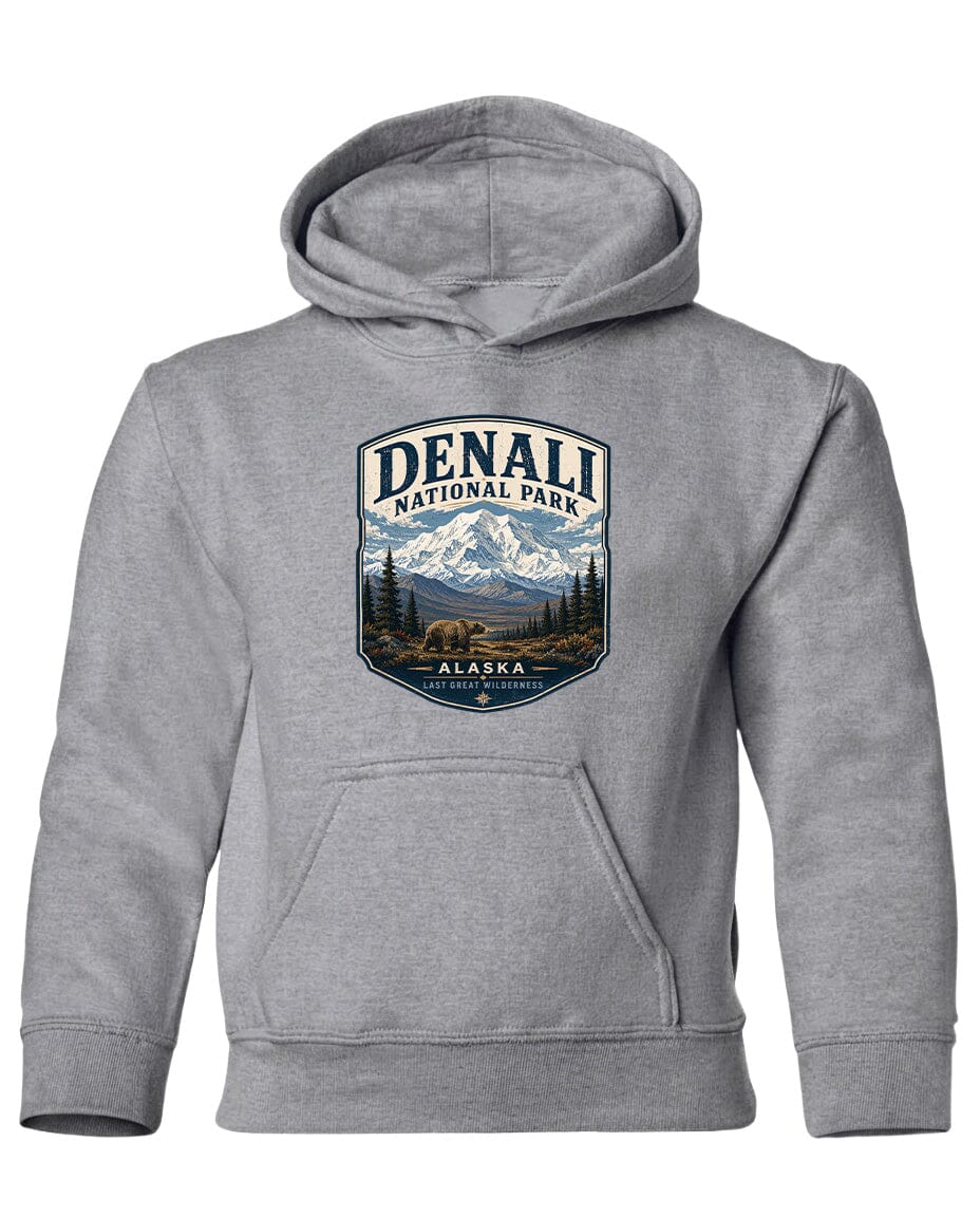 A gray hooded sweatshirt with a graphic design featuring a mountain landscape and the text "DENALI NATIONAL PARK ALASKA" printed on it.