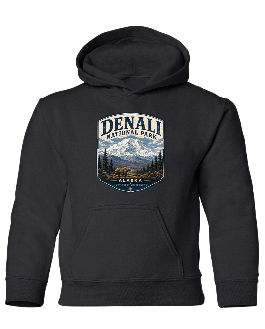 A black hoodie with a graphic design featuring a mountain landscape and the text "DENALI NATIONAL PARK ALASKA" printed on it.