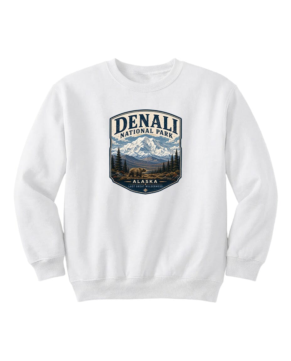 A white sweatshirt with a graphic design depicting Denali National Park and Alaska.