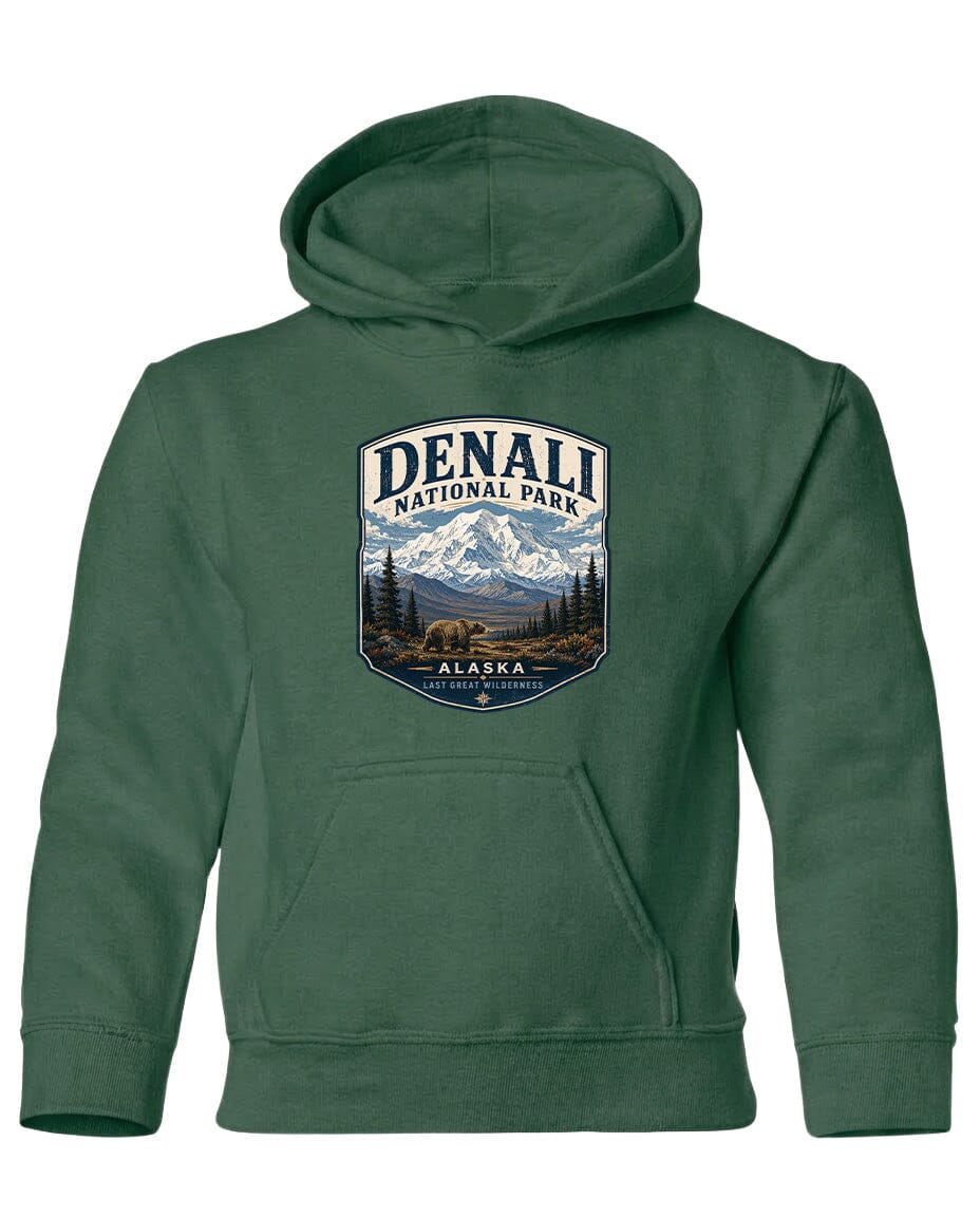 A green hoodie with a graphic design depicting Denali National Park and Alaska.