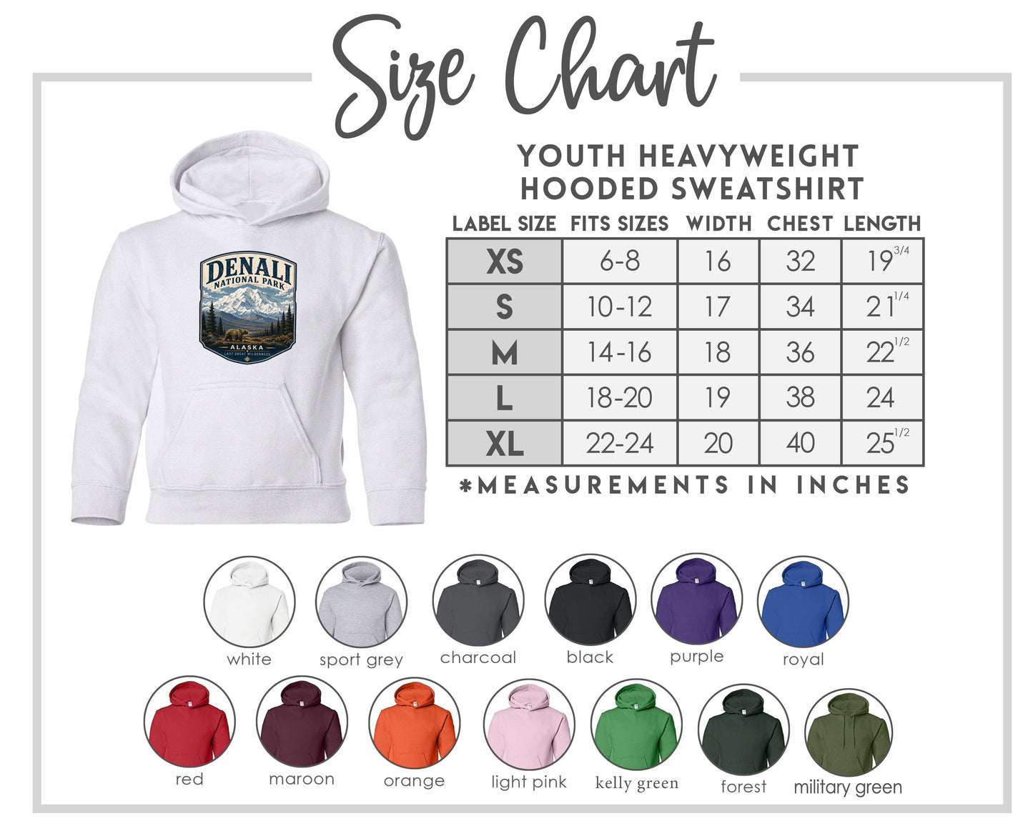 The image is a size chart for a youth heavyweight hooded sweatshirt. It includes a labeled hooded sweatshirt with a mountain and valley design, along with a table of measurements for different age groups.