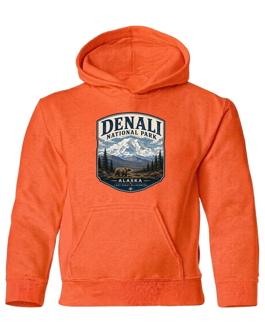 An orange hoodie with a graphic design depicting Denali National Park and Alaska.