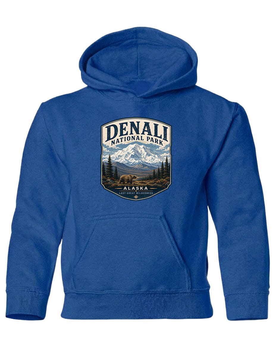 A blue hoodie with a graphic design depicting Denali National Park and Alaska.