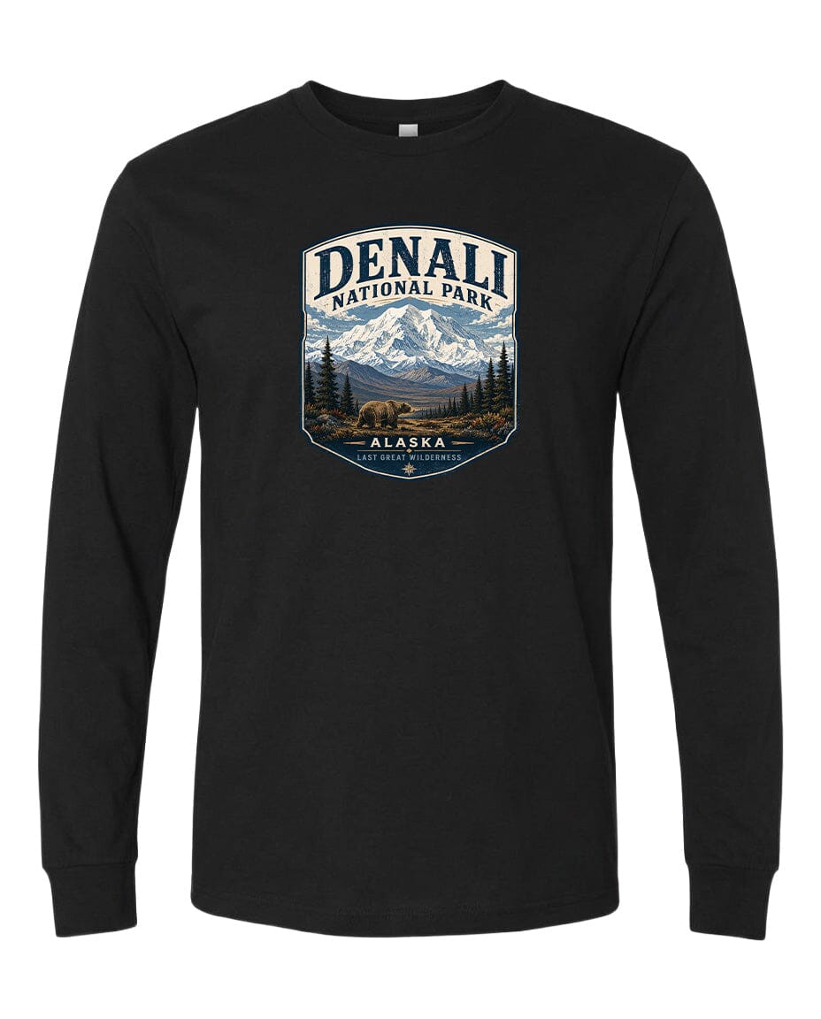 A black long-sleeve t-shirt with a graphic design depicting the Denali National Park in Alaska.
