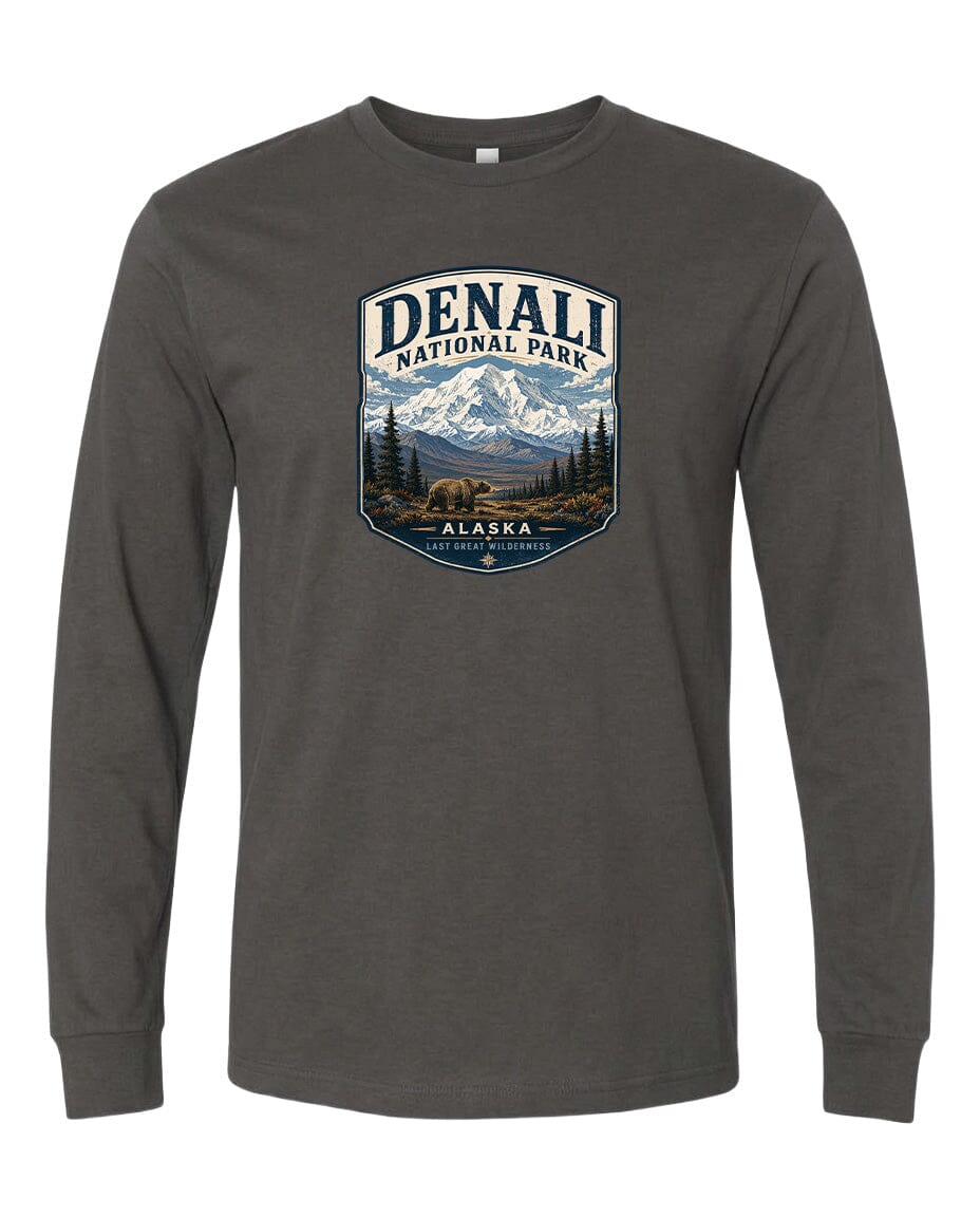 A gray long-sleeved t-shirt with a graphic design depicting the Denali National Park in Alaska.