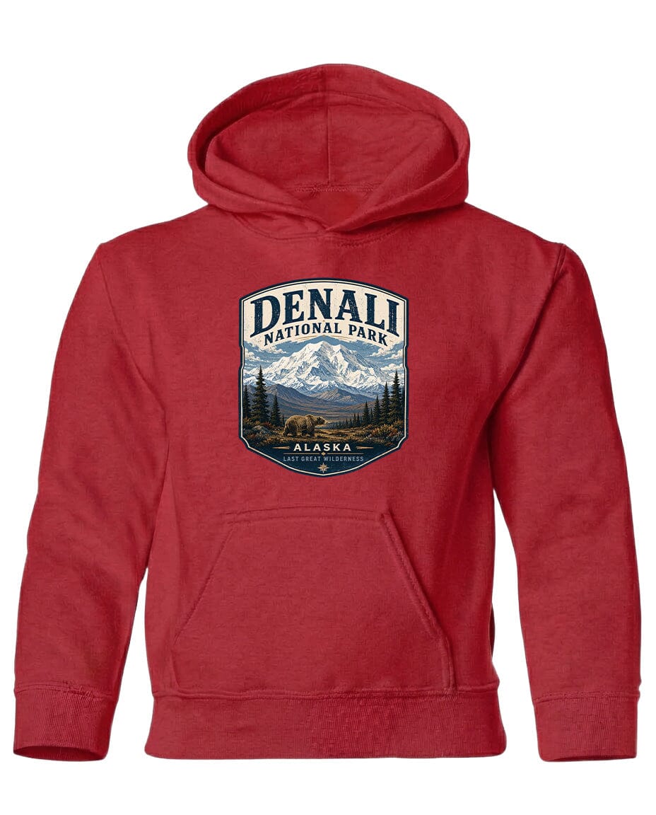 A red hoodie with a graphic design depicting Denali National Park and Alaska.
