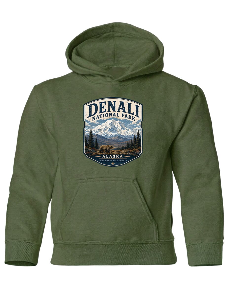 A green hoodie with a graphic design depicting the Denali National Park in Alaska.