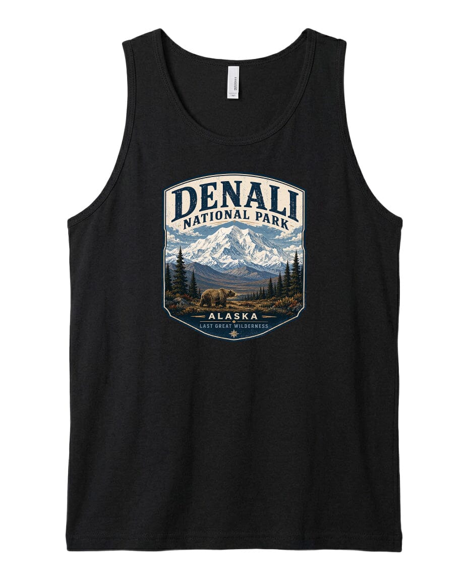 A black tank top with a graphic design depicting Denali National Park in Alaska, featuring a mountain landscape and a bear.