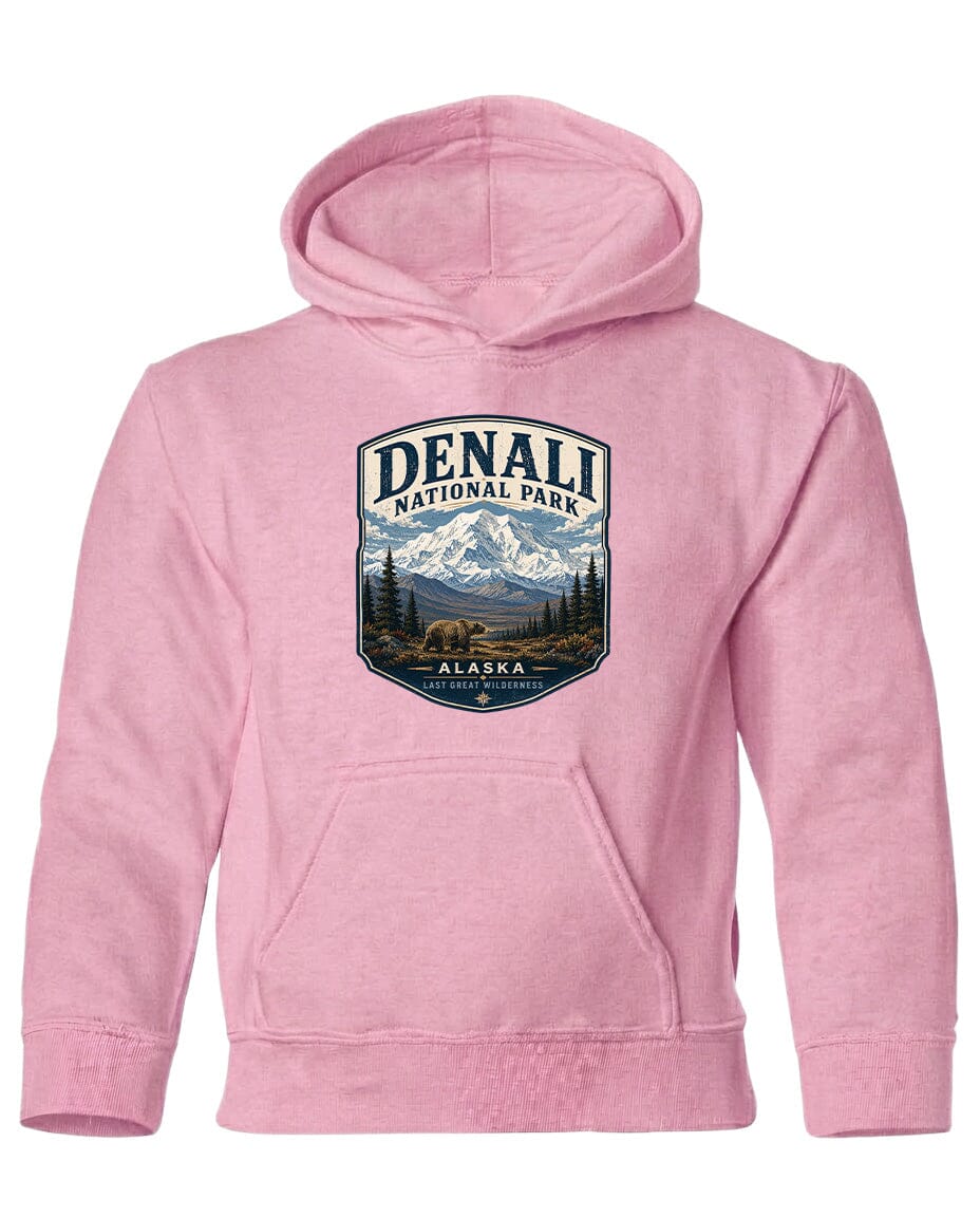 A pink hoodie with a graphic design depicting Denali National Park and Alaska.