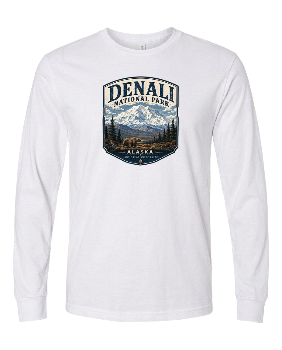 A white long-sleeved t-shirt with a graphic design depicting Denali National Park in Alaska.
