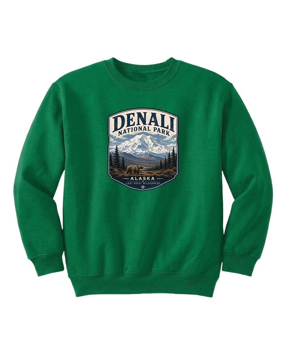 A green sweatshirt with a graphic design featuring a mountain landscape and bears, representing Denali National Park in Alaska.
