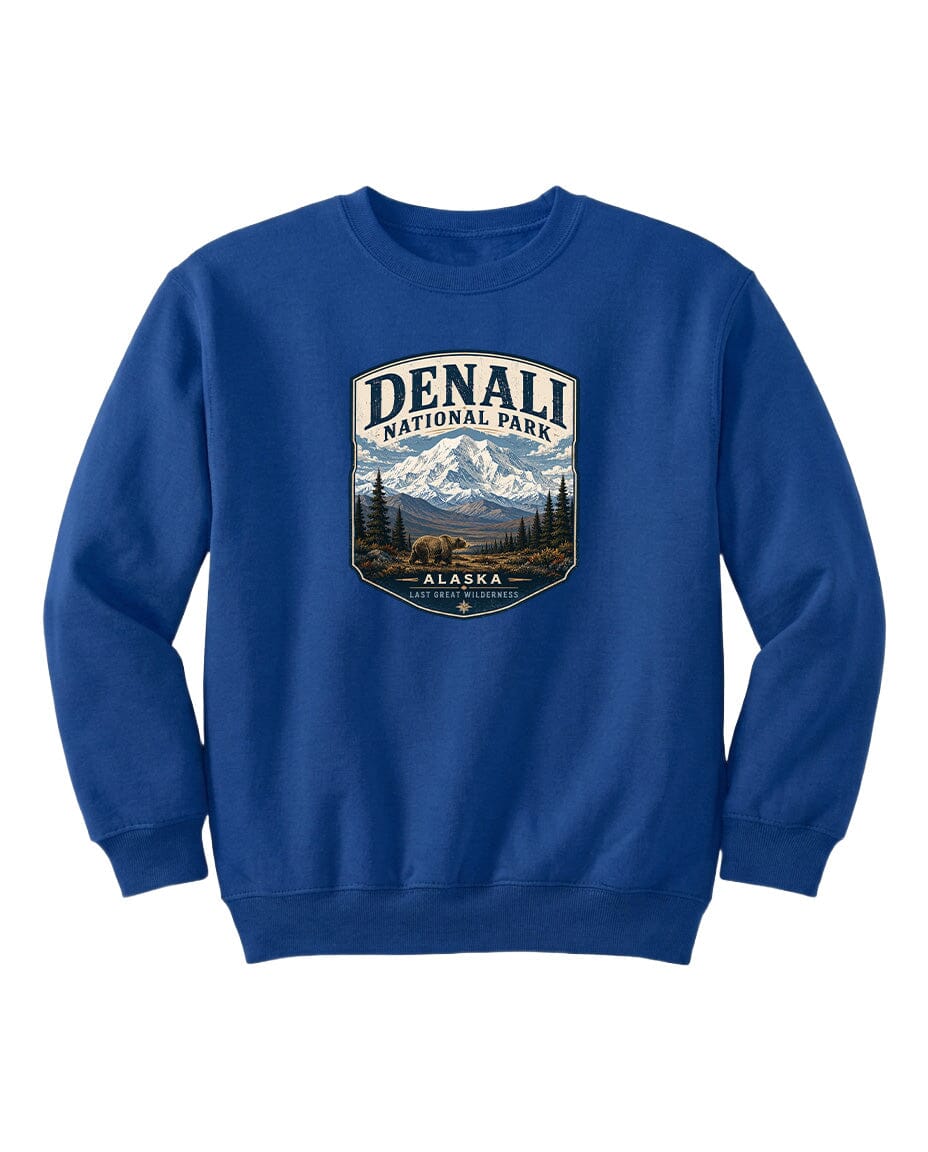 A blue sweatshirt with a graphic design featuring a mountain landscape and bears, representing Denali National Park in Alaska.