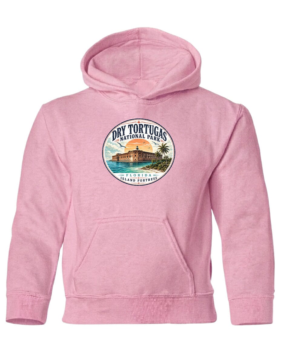 A pink hoodie with a circular logo featuring a tropical island and palm trees, along with the text "Dry Tortugas National Park, Florida Island, Florida".