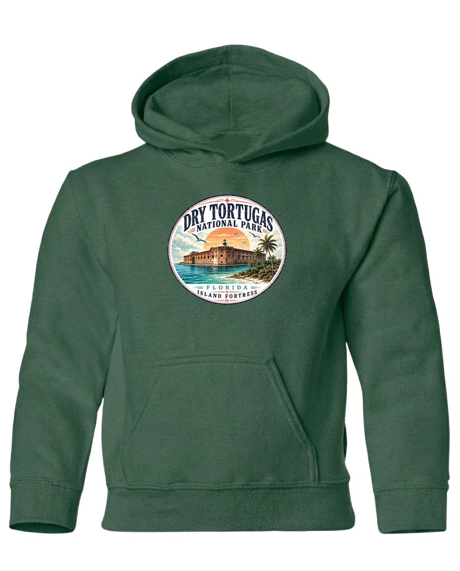 A green hoodie with a circular logo featuring a tropical island and palm trees, along with the text "Dry Tortugas National Park, Florida Island, Port St. Lucie".