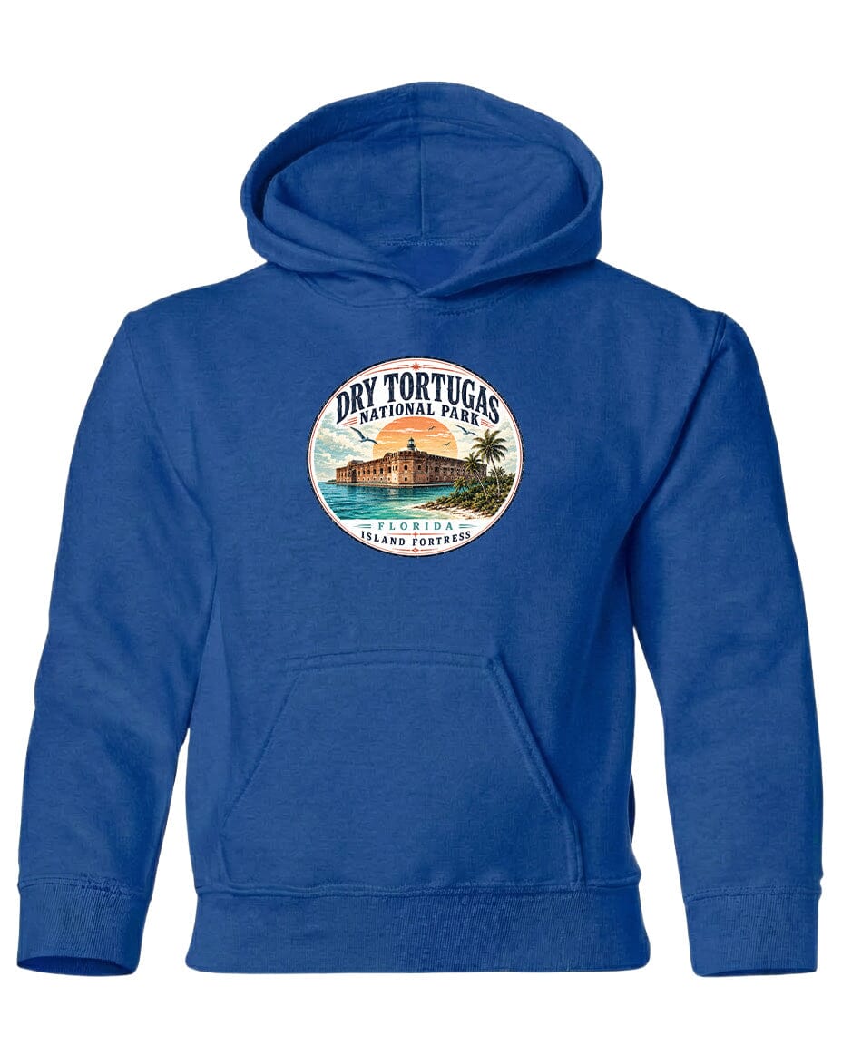 A blue hoodie with a circular logo featuring a tropical island and palm trees, along with the text "Dry Tortugas National Park, Florida Island, Florida".