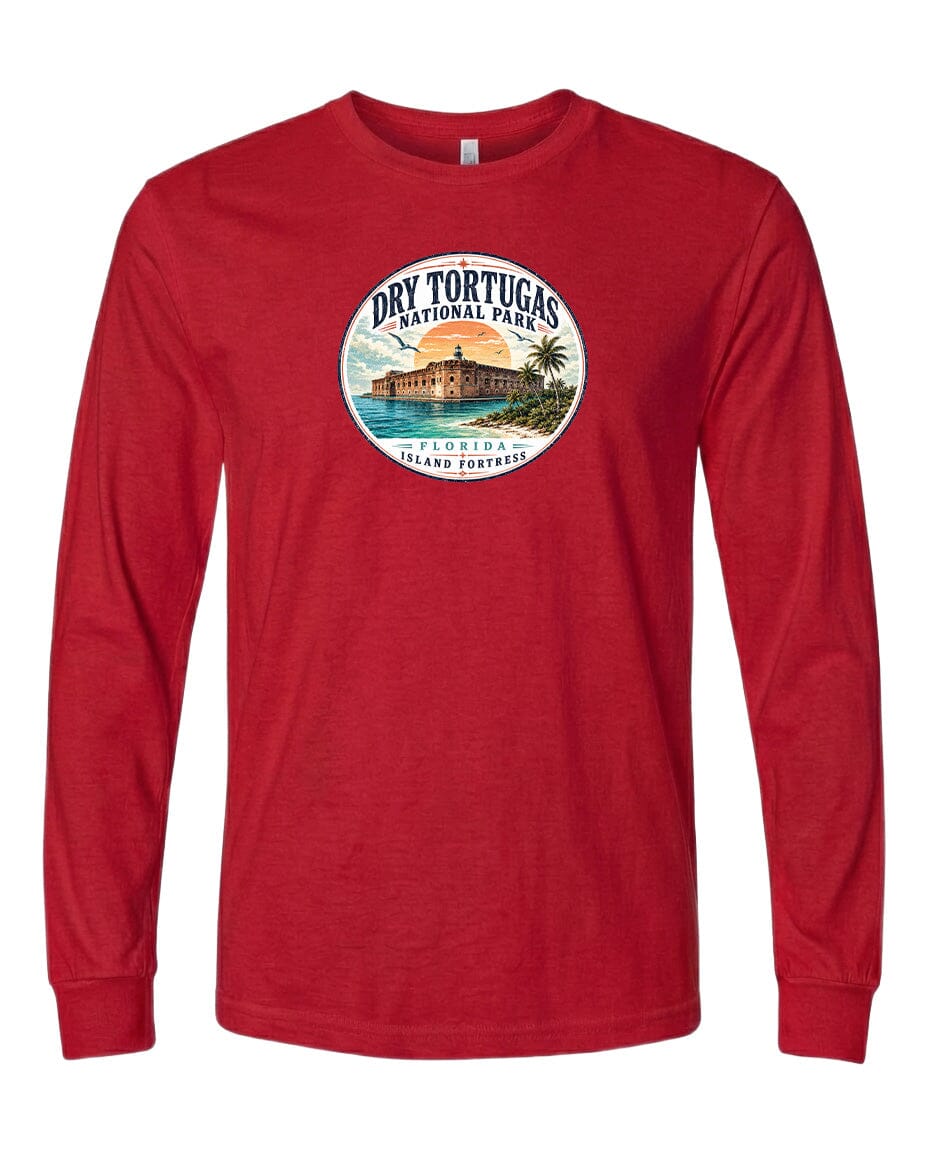 A red long-sleeved t-shirt with a circular graphic design featuring a tropical island and palm trees, along with the text "Dry Tortugas National Park, Florida, USA".