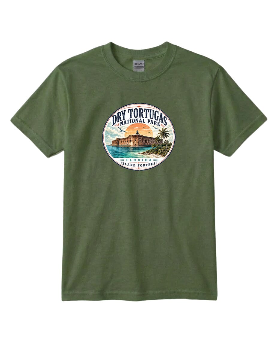 A green t-shirt with a circular graphic design featuring a tropical beach scene and the text "Dry Tortugas National Park, Florida, Tortuga Island".