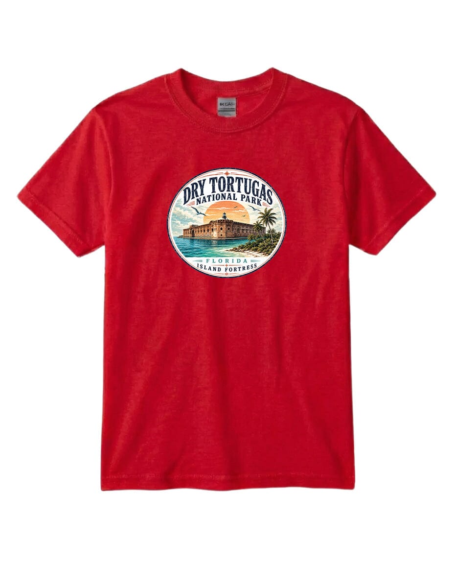 A red t-shirt with a circular graphic design featuring a tropical beach scene and the text "Dry Tortugas National Park, Florida, USA".
