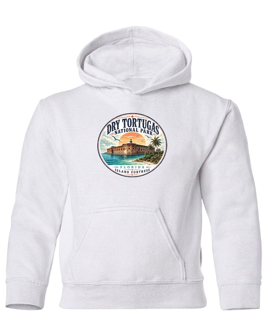A white hoodie with a circular logo featuring a tropical island and palm trees, along with the text "Dry Tortugas National Park, Florida Island Portrait".