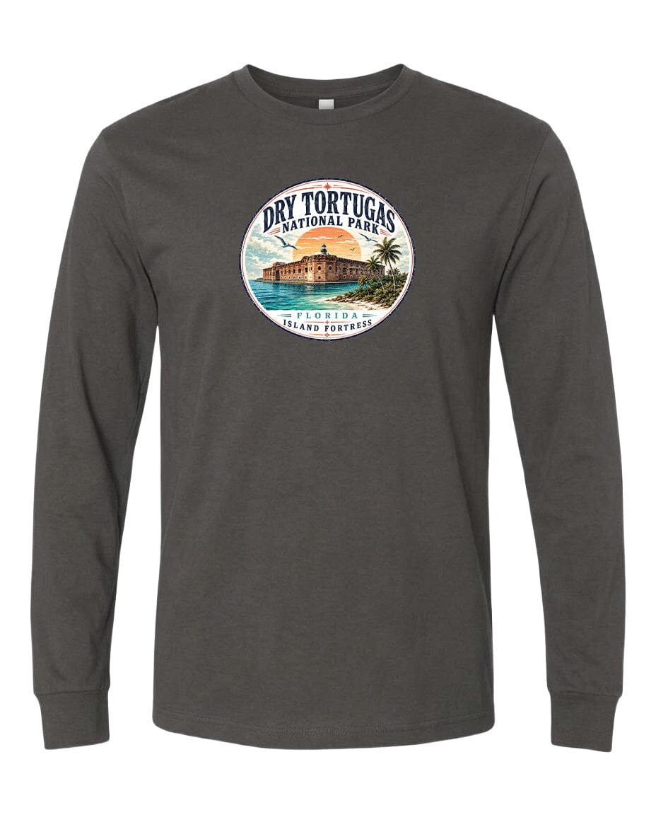 A gray long-sleeve t-shirt with a circular graphic design featuring a tropical island landscape and a building.
