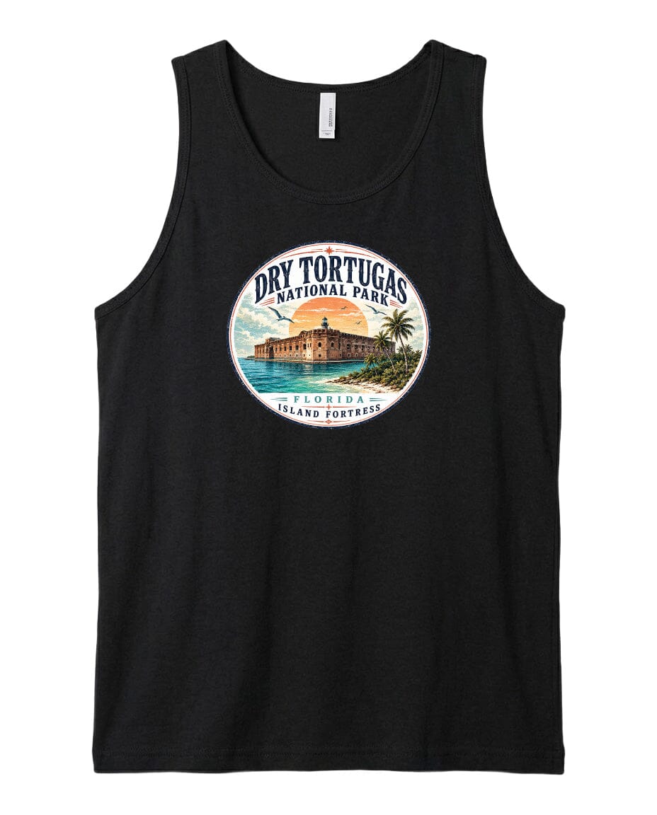 A black tank top with a circular graphic design featuring a tropical island and a building, along with the text "Dry Tortugas National Park, Florida Island Fortress".