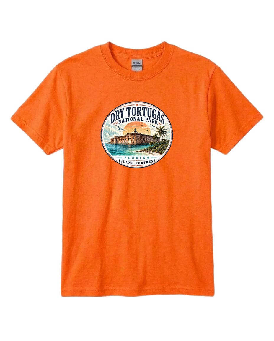 An orange t-shirt with a circular graphic design featuring a building and palm trees, along with the text "Dry Tortugas National Park" and "Florida Keys".