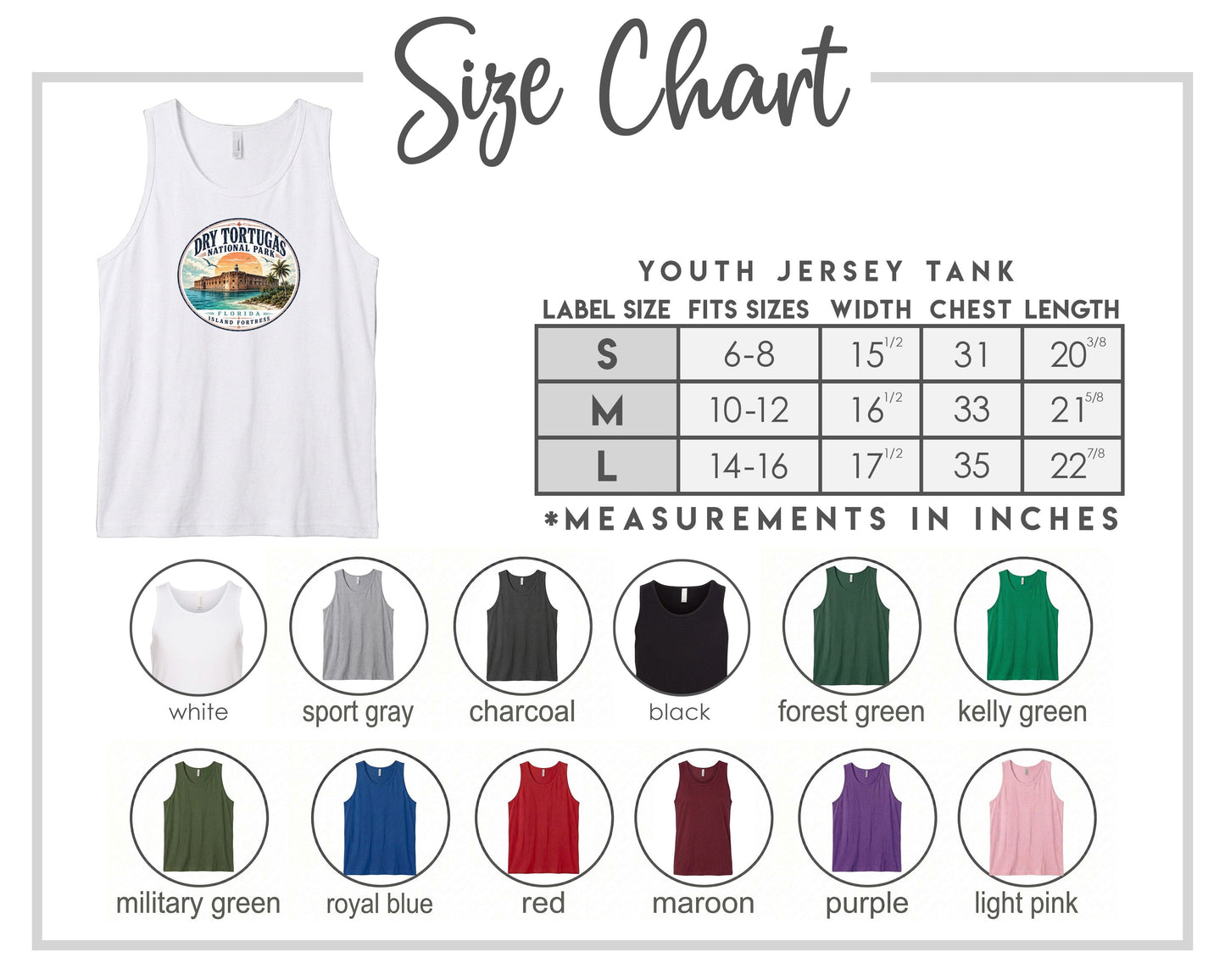 The image is a size chart for a youth jersey tank, displaying various label sizes and corresponding chest measurements. The chart includes a white tank with a tropical beach design and a label size chart with different label sizes and chest measurements.