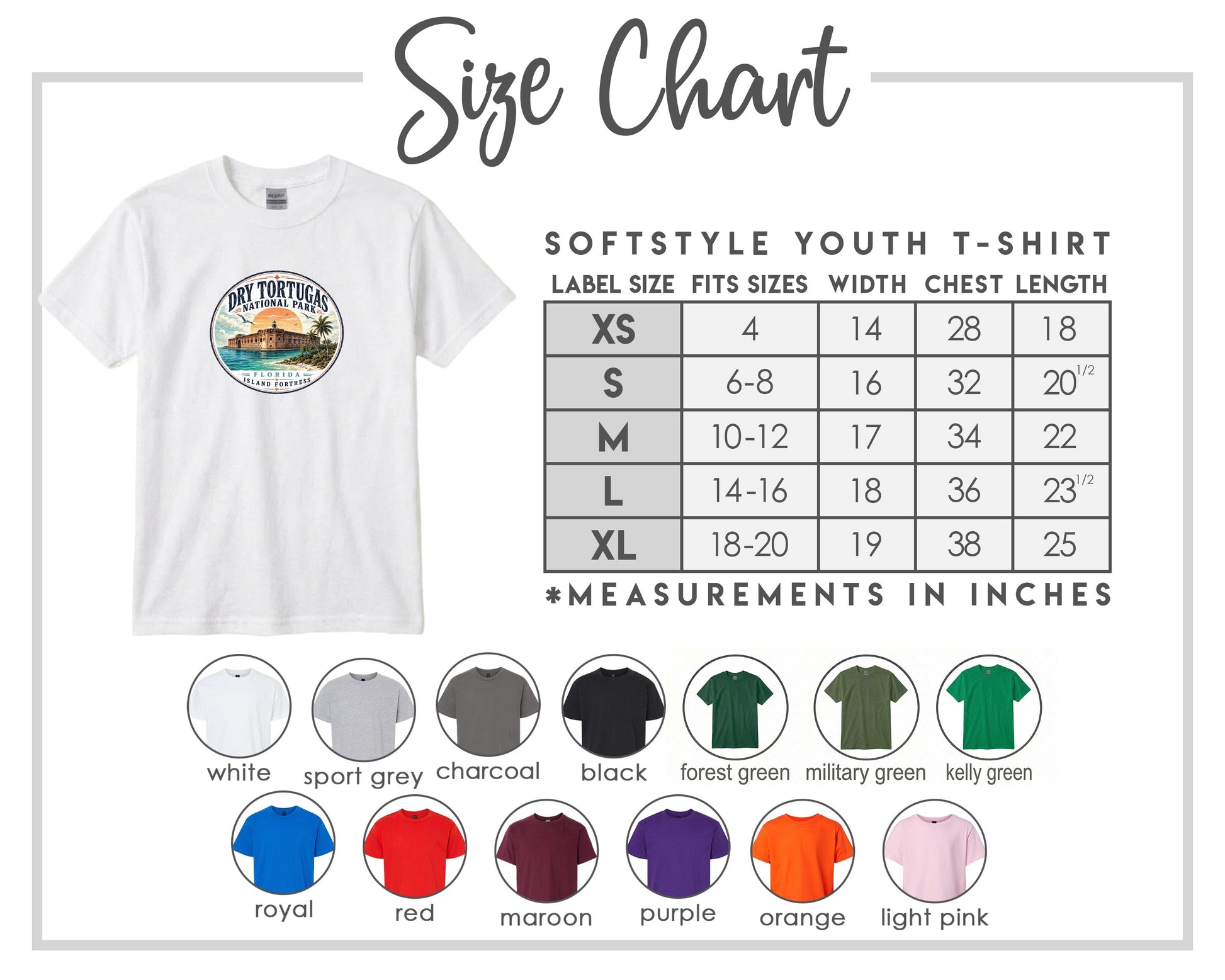 The image is a size chart for a softstyle youth t-shirt, providing measurements for different sizes and corresponding t-shirt colors.