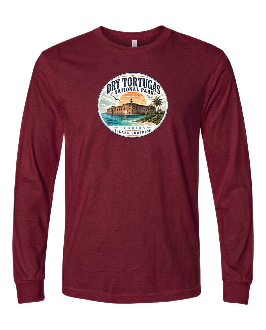 A red long-sleeved t-shirt with a circular design featuring a tropical island and palm trees, along with the text "Dry Tortugas National Park, Florida, USA".