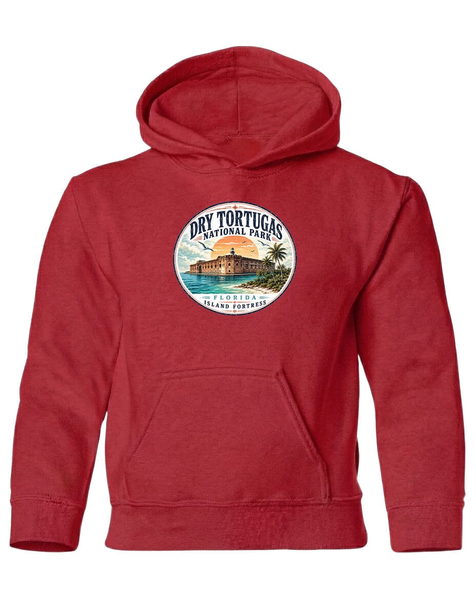 A red hoodie with a circular logo featuring a tropical island and palm trees, along with the text "Dry Tortugas National Park, Florida Island, Fort Myers".