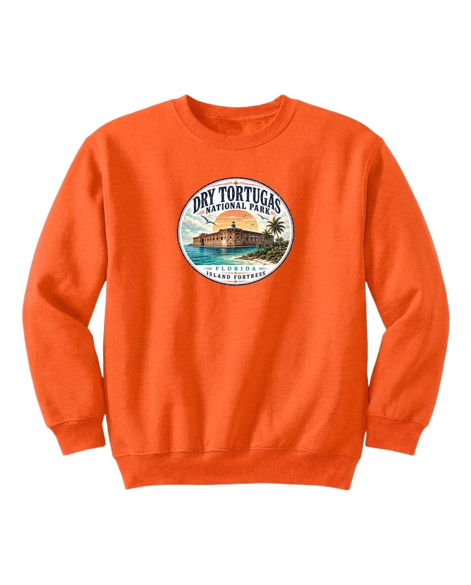 An orange sweatshirt with a circular logo that says "Dry Tortugas National Park, Florida, Island of the Bahamas".