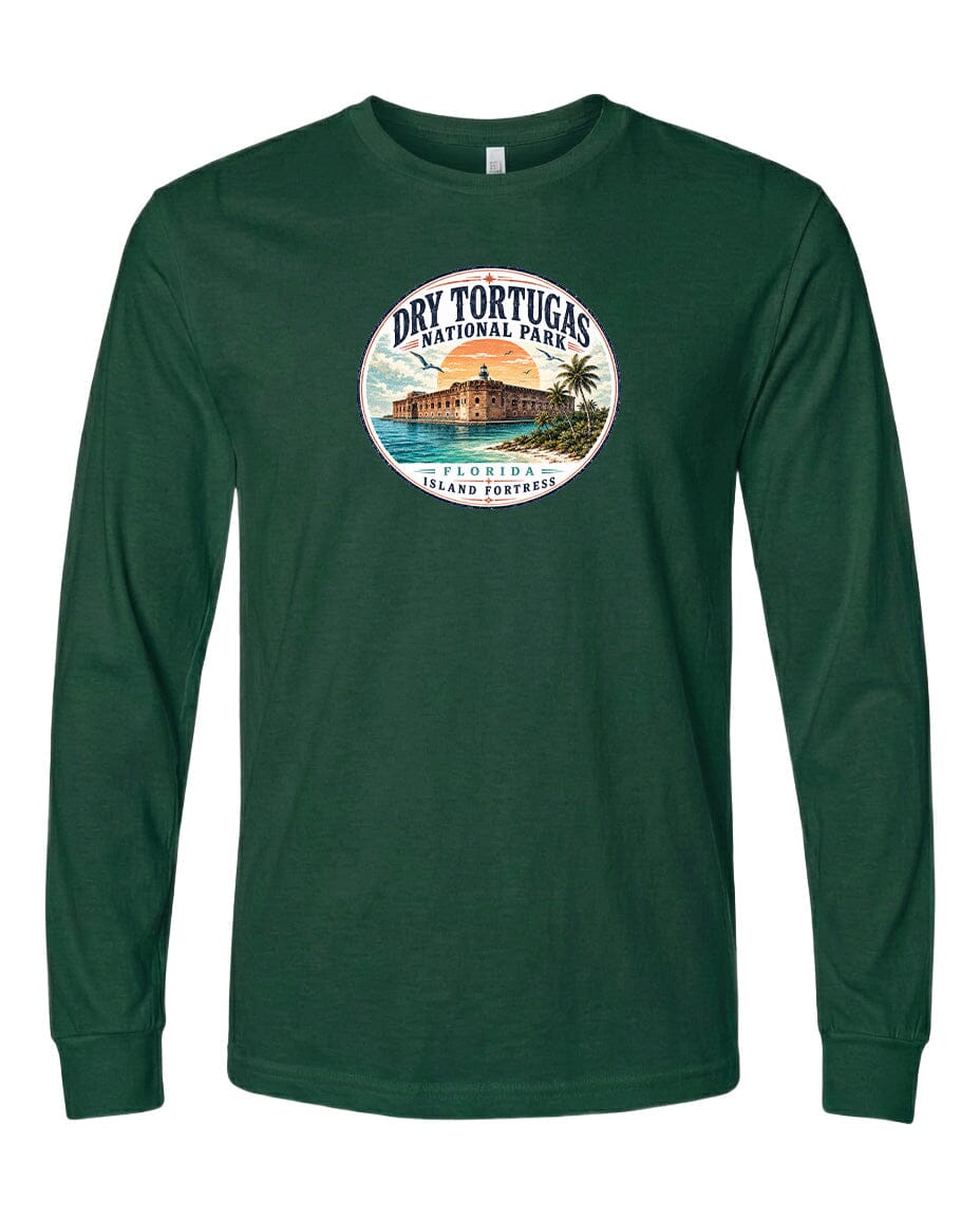 A green long-sleeved t-shirt with a circular graphic design featuring a tropical island landscape and a building.