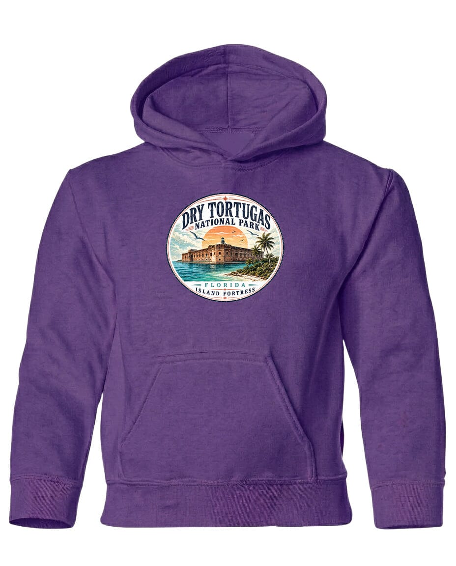 A purple hoodie with a circular logo featuring a tropical island and palm trees, along with the text "Dry Tortugas National Park, Florida Island, Port St. Lucie".